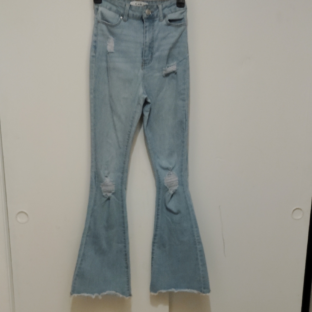 Refuge Blue Flare Wide Leg Jeans with Distressed Details